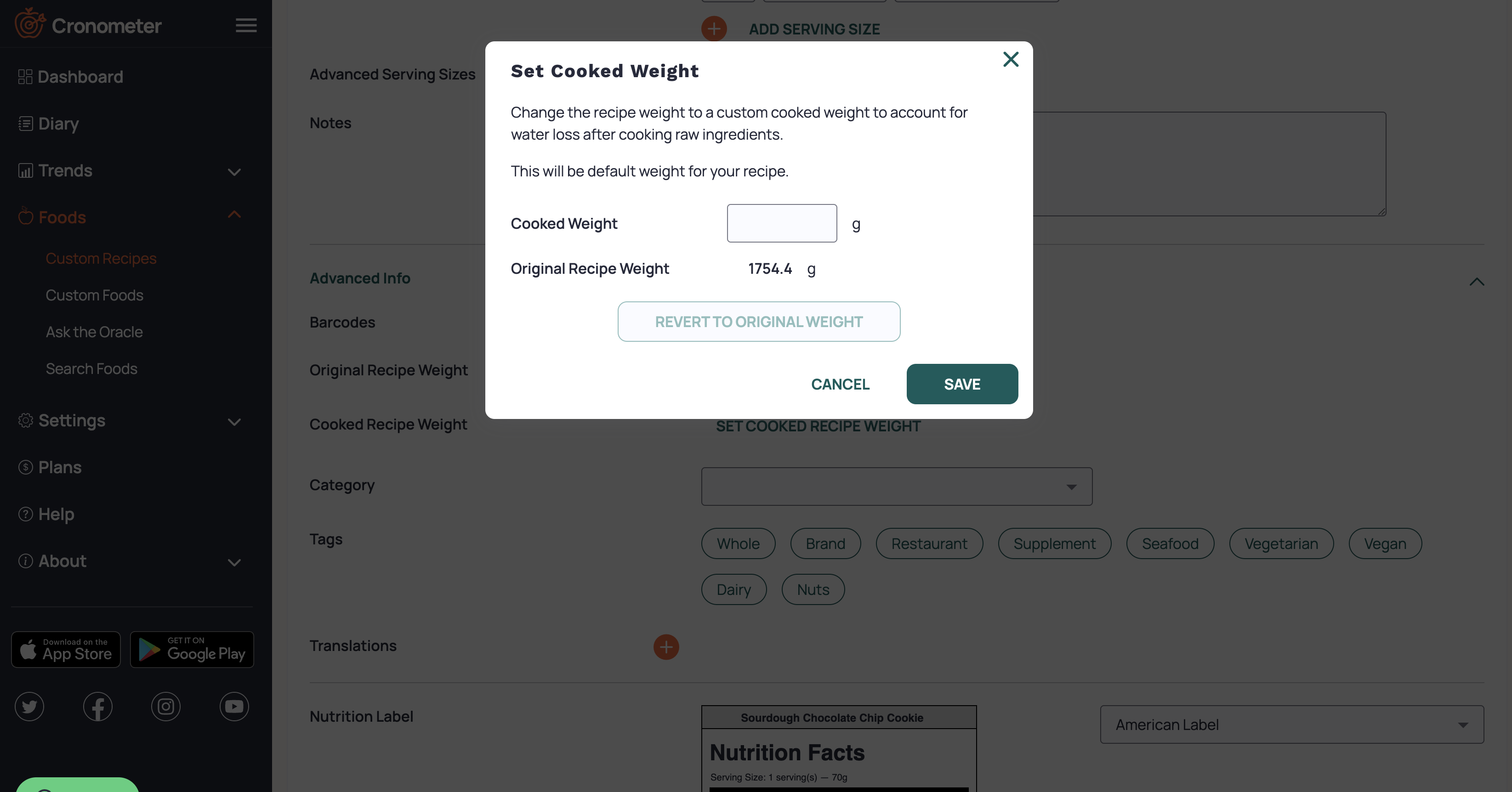 Set Cooked Recipe Weight – Cronometer