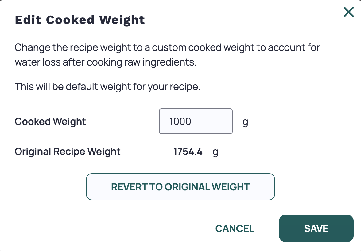 Set Cooked Recipe Weight – Cronometer