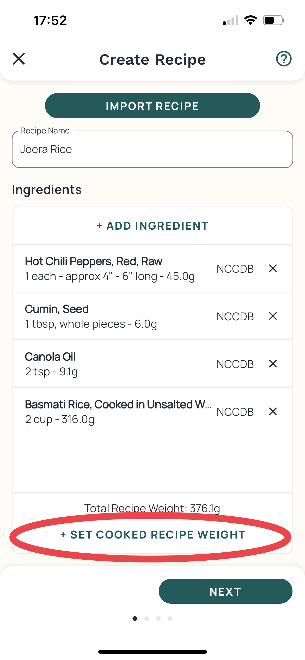 Set Cooked Recipe Weight – Cronometer